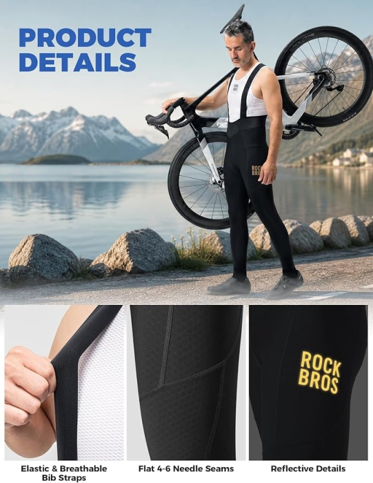 Pantaloni cu bretele ROCKBROS, pantaloni termici de ciclism lungi pentru bărbați, cu bretele, M [2]