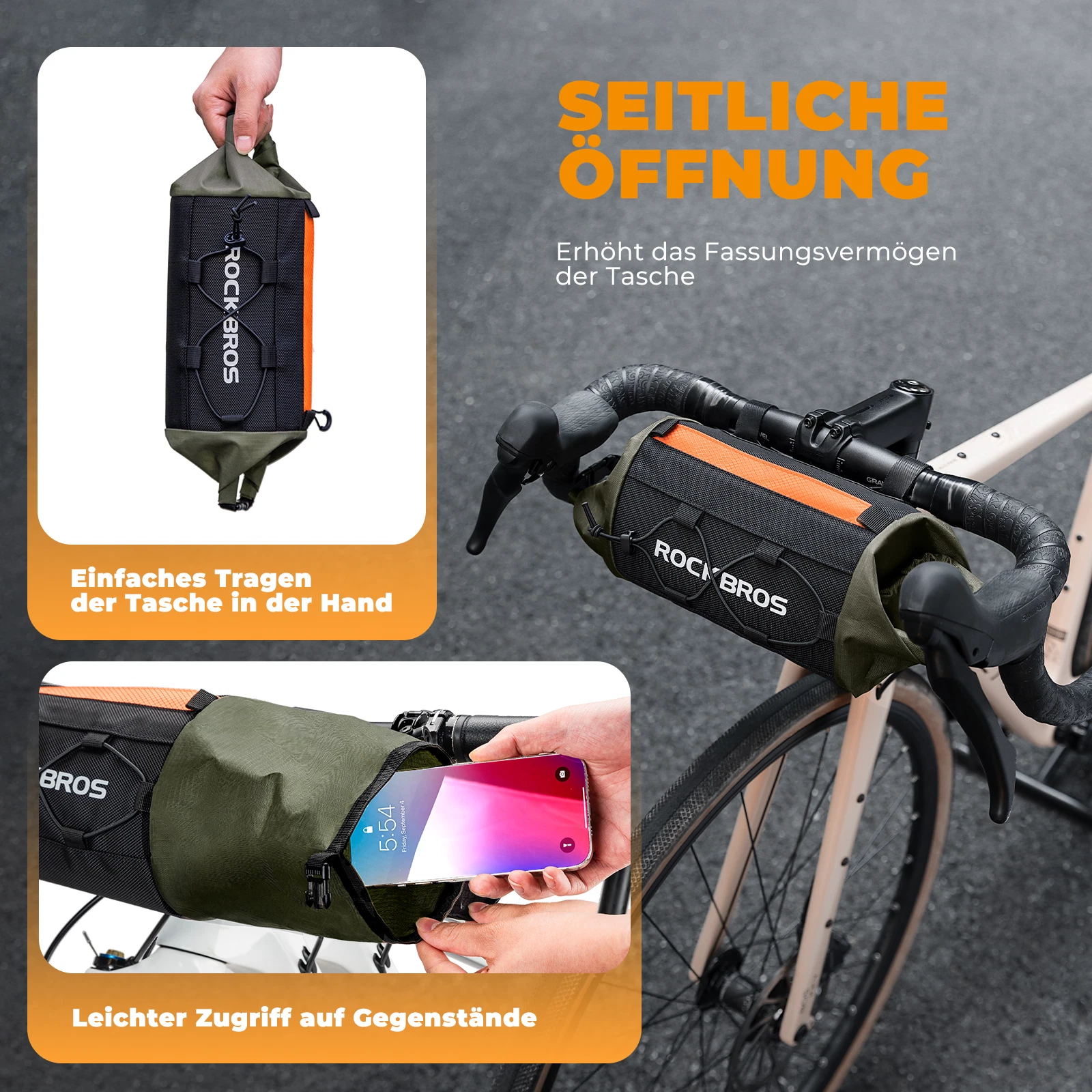 ROCKBROS Geantă ghidon bicicletă, PVC 2-2.4L, alb/verde, rezistentă la apă [3]