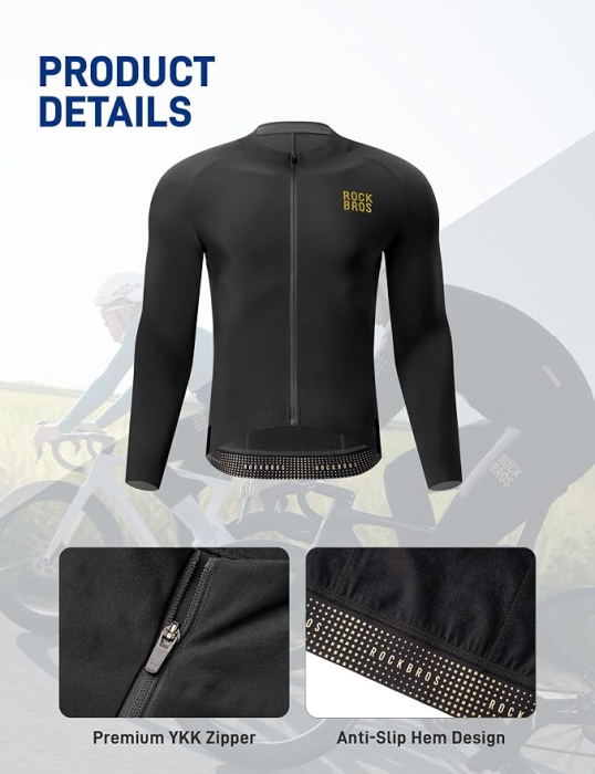 Tricou ciclism ROCKBROS pentru bărbați cu mânecă lungă, căptușit termic și rezistent la vânt, L [4]