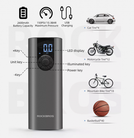 Pompe - Pompă de aer electrică ROCKBROS Mini pompă de bicicletă 150PSI motocicletă Presta & Schrader, A8