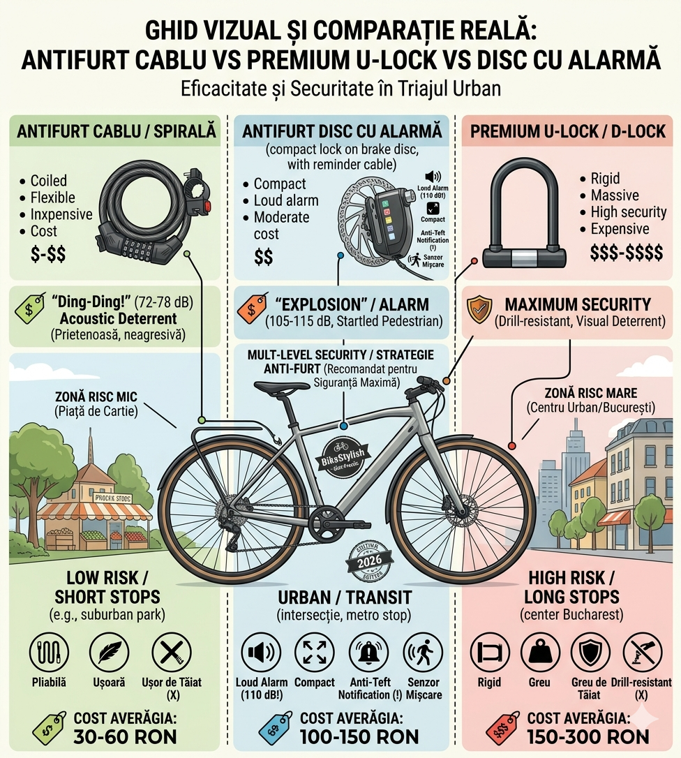 Antifurt Cablu vs. Disc vs. U-Lock