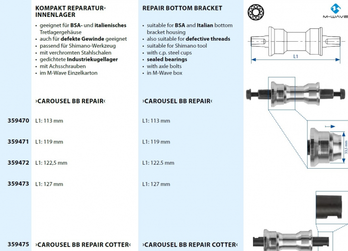 Monobloc Pedalier M-WAVE CAROUSEL  BB REPAIR COTTER  136 mm [2]