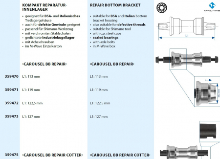 Monobloc Pedalier M-WAVE CAROUSEL  BB REPAIR  122.5 mm [1]