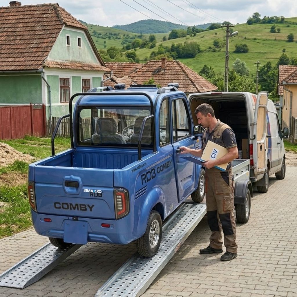 Livrare RDB COMBY până în fața porții cu echipa Bimax și rampă de descărcare