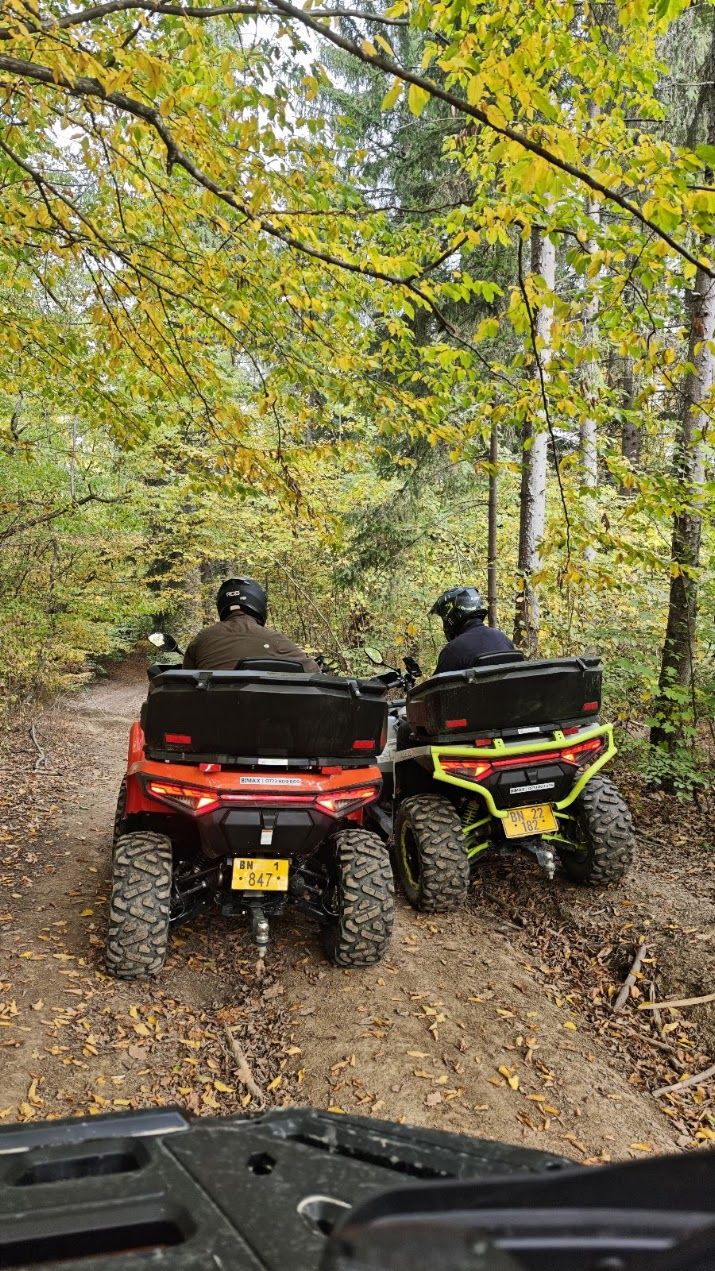 ATV-uri Linhai cu numere galbene T3b pe drum forestier