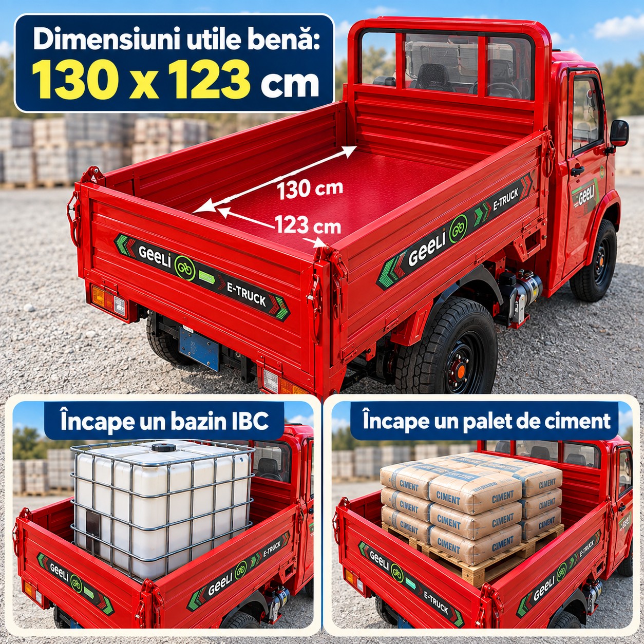 Benă camionetă electrică Geeli E-Truck cu dimensiuni utile 130 x 123 cm