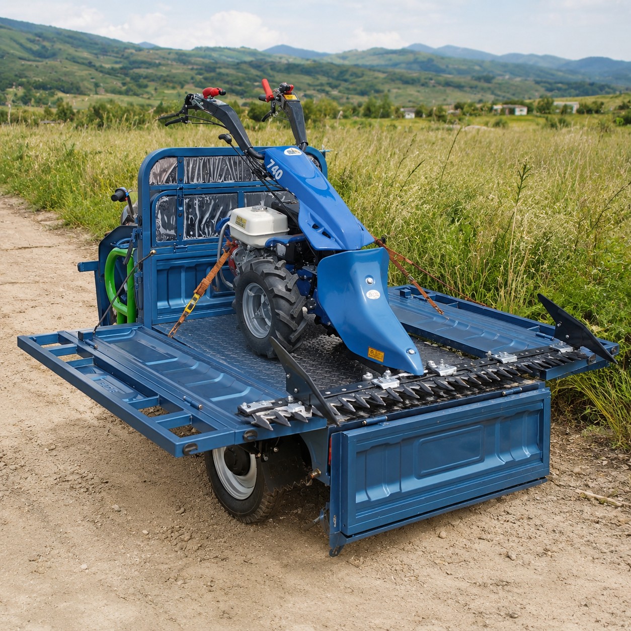 X-KLASS5 PLUS transportând o cositoare datorită obloanelor rabatabile