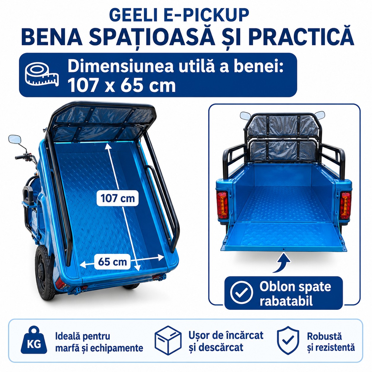 Dimensiuni utile benă Geeli E-Pickup 107 x 65 cm