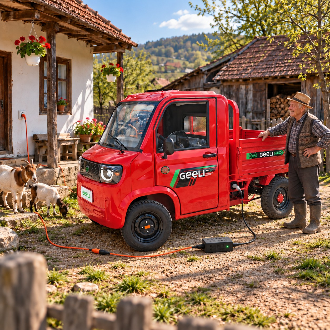 Camionetă electrică Geeli E-Truck încărcată la priză normală de 230V