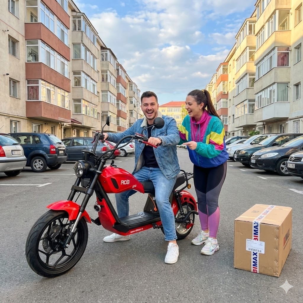 Doi tineri lângă scuterul electric CP-6, pregătiți de prima plimbare