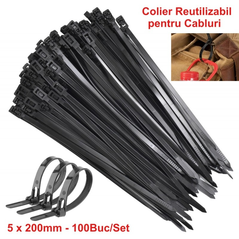 Colier de Plastic 5x200mm Negru, Reutilizabile, 100 buc per set. [2]