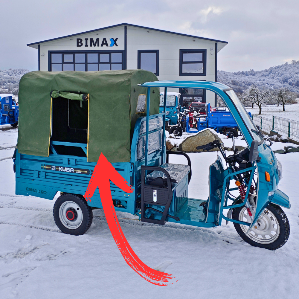 Triciclu Electric cu cabina si prelata remorca, Fara Permis (25km/h), Motor 1500W, autonomie max 70km, 72V 58Amperi, Remorca Basculabila, Masa Maxima 603kg, Carte RAR inclusa, Kuba GL 35000 Albastru [3]