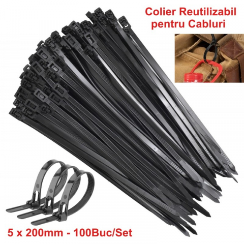 Colier de Plastic 5x200mm Negru, Reutilizabile, 100 buc per set. [1]