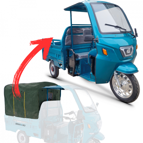 Tricicleta Electrica Adulti cu Cabina - Triciclu Electric cu cabina si prelata remorca, Fara Permis (25km/h), Motor 1500W, autonomie max 70km, 72V 58Amperi, Remorca Basculabila, Masa Maxima 603kg, Carte RAR inclusa, Kuba GL 35000 Albastru