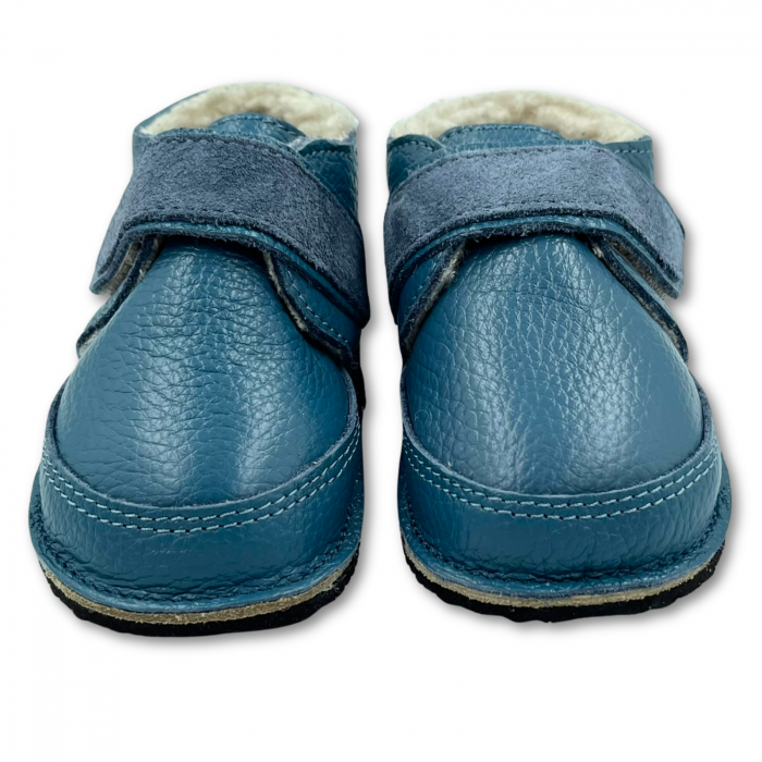 Ghete cu blana pentru copii, primii pasi, Piele Naturala, lana naturala de oi pe tricot, barefoot, Macco, Albastru [3]