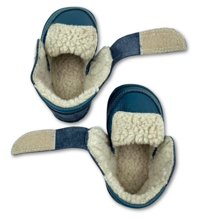 Ghete cu blana pentru copii, primii pasi, Piele Naturala, lana naturala de oi pe tricot, barefoot, Macco, Albastru [6]