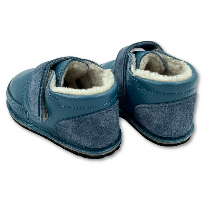 Ghete cu blana pentru copii, primii pasi, Piele Naturala, lana naturala de oi pe tricot, barefoot, Macco, Albastru [2]