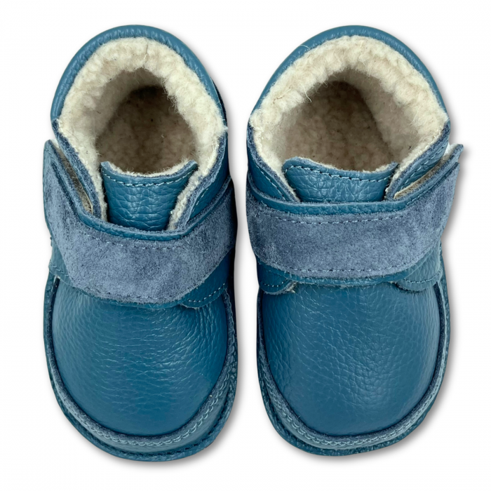 Ghete cu blana pentru copii, primii pasi, Piele Naturala, lana naturala de oi pe tricot, barefoot, Macco, Albastru [4]