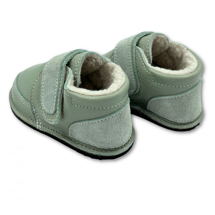 Ghete cu blana pentru copii, primii pasi, Piele Naturala, lana naturala de oi pe tricot, barefoot, Macco, Verde [2]