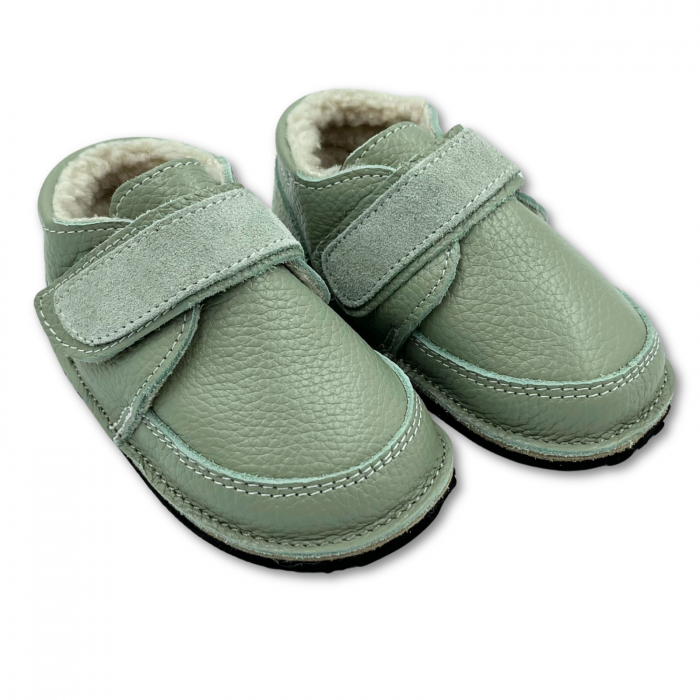 Ghete cu blana pentru copii, primii pasi, Piele Naturala, lana naturala de oi pe tricot, barefoot, Macco, Verde [1]