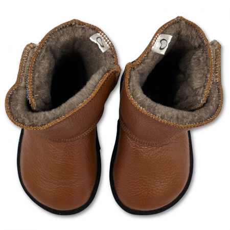 Cizme cu blana pentru copii, primii pasi, Piele Naturala, lana naturala de oi pe tricot, barefoot, Macco, Maro [4]
