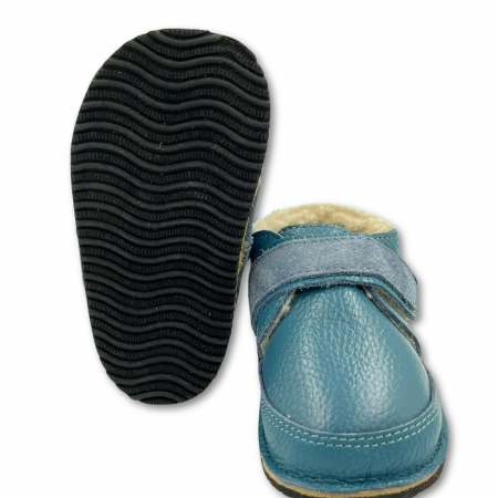 Ghete cu blana pentru copii, primii pasi, Piele Naturala, lana naturala de oi pe tricot, barefoot, Macco, Albastru [4]