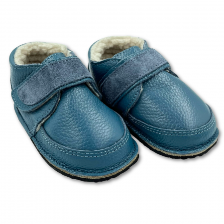 Ghete si Cizme - Ghete cu blana pentru copii, primii pasi, Piele Naturala, lana naturala de oi pe tricot, barefoot, Macco, Albastru