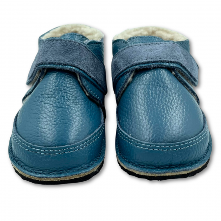 Ghete cu blana pentru copii, primii pasi, Piele Naturala, lana naturala de oi pe tricot, barefoot, Macco, Albastru [2]