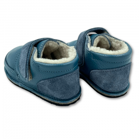 Ghete cu blana pentru copii, primii pasi, Piele Naturala, lana naturala de oi pe tricot, barefoot, Macco, Albastru [1]
