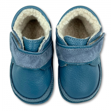 Ghete cu blana pentru copii, primii pasi, Piele Naturala, lana naturala de oi pe tricot, barefoot, Macco, Albastru [3]