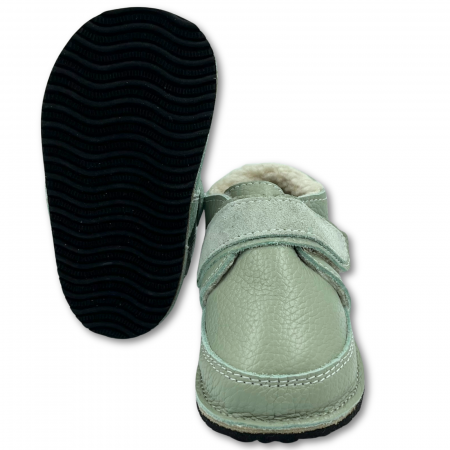 Ghete cu blana pentru copii, primii pasi, Piele Naturala, lana naturala de oi pe tricot, barefoot, Macco, Verde [5]