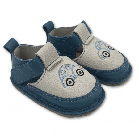 Pantofi primii pasi - Pantofi copii, primii pasi, Piele Naturala, barefoot, Macco, Masina, Albastru/Crem