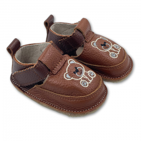 Pantofi primii pasi - Pantofi copii, primii pasi, Piele Naturala, barefoot, Macco, Urs, Maro inchis/Maro deschis