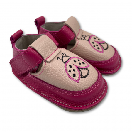 Pantofi primii pasi - Pantofi copii, primii pasi, Piele Naturala, barefoot, Macco, Buburuza, Roz zmeuriu/Bej