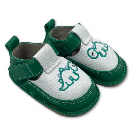 Pantofi primii pasi - Pantofi copii, primii pasi, Piele Naturala, barefoot, Macco, Dino, Verde/Alb