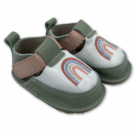 Pantofi primii pasi - Pantofi copii, primii pasi, Piele Naturala, barefoot, Macco, Curcubeu, Verde pal/Alb