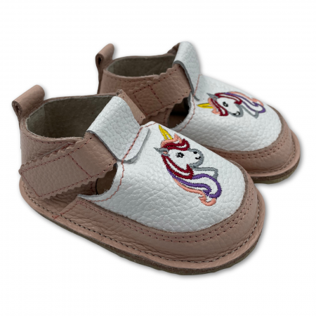 Pantofi primii pasi - Pantofi copii, primii pasi, Piele Naturala, barefoot, Macco, Unicorn, Roz deschis/Alb