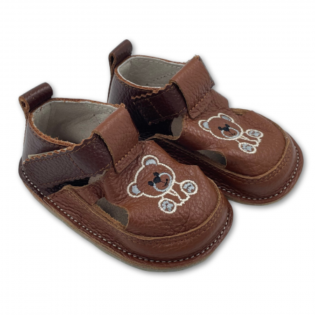 Sandale primii pasi - Sandale copii, primii pasi, Piele Naturala, barefoot, Macco, Urs, Maro inchis/Maro deschis