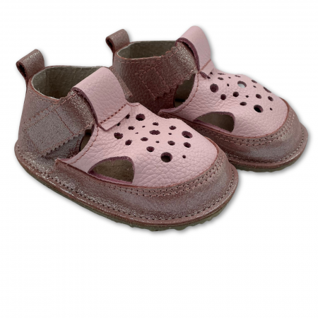 Sandale primii pasi - Sandale copii, primii pasi, Piele Naturala, barefoot, Macco, Buline, Roz sidefat/Ros dechis