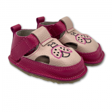 Sandale primii pasi - Sandale copii, primii pasi, Piele Naturala, barefoot, Macco, Buburuza, Roz zmeuriu/Bej