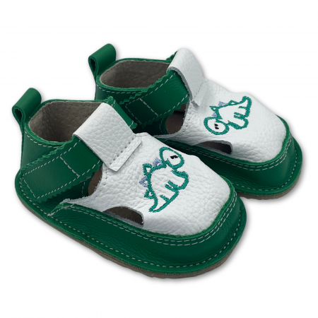 Sandale primii pasi - Sandale copii, primii pasi, Piele Naturala, barefoot, Macco, Dino, Verde/Alb