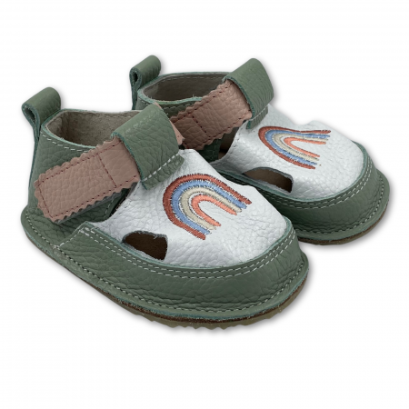 Sandale primii pasi - Sandale copii, primii pasi, Piele Naturala, barefoot, Macco, Curcubeu, Verde pal/Alb