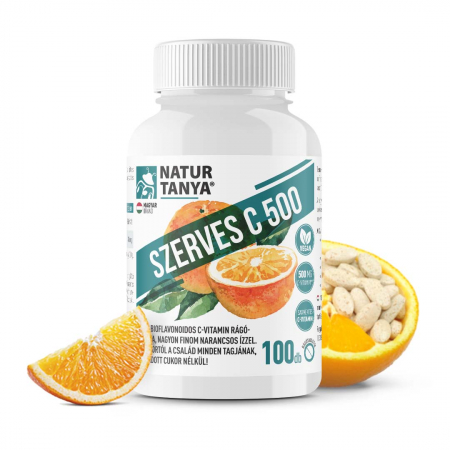 Stimulatoare ale sistemului imunitar - Vitamina C 500 organica - Comprimat masticabil cu vitamina C, ușor de digerat, prietenos cu stomacul, cu bioflavonoide citrice și aromă de portocale, îndulcit cu stevia naturală.