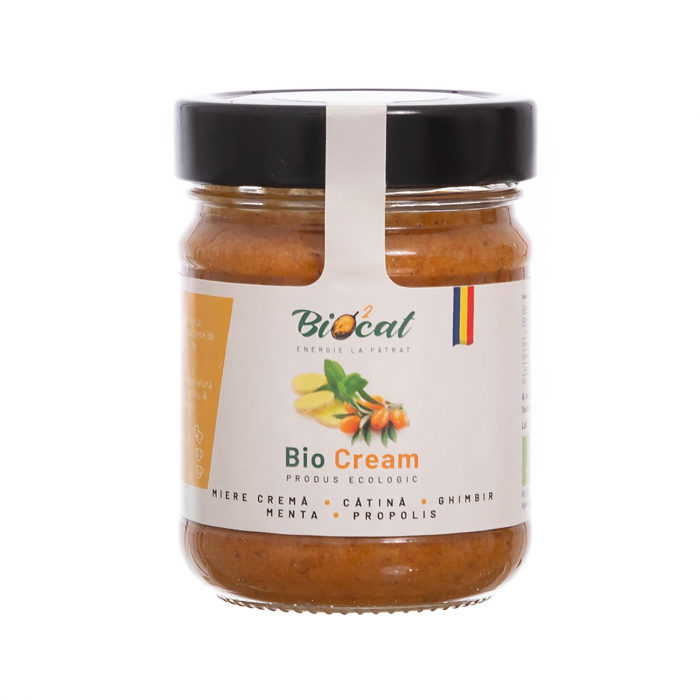 Biocream - cremă tartinabilă din cătină cu cremă de miere, pulbere de cătină, mentă, ghimbir, și propolis [1]