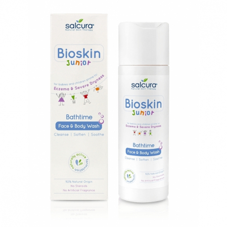 Sapun & Gel de dus copii - Gel de dus Salcura Bioskin Junior, fata si corp, pt bebelusi si copii, piele uscata cu eczeme, 200 ml