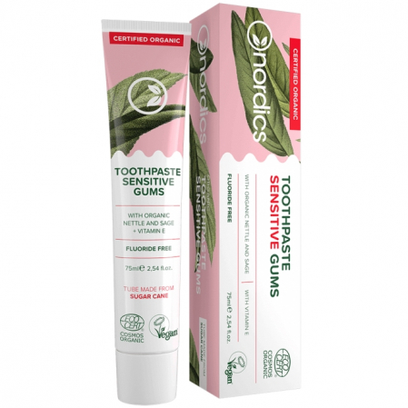 Pasta dinti si apa de gura - Pasta de dinti organica fara fluor, pt gingii sensibile, cu urzica, salvie si vitamina E, Nordics, 75 ml