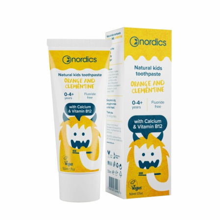 Pasta dinti si apa de gura pentru copii - Pasta de dinti naturala, fara fluor, cu clementina, portocala si vitamina B12, pt copii, Nordics, 50 ml