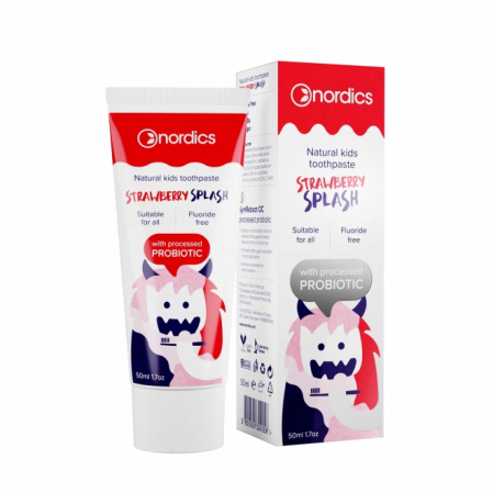 Pasta dinti si apa de gura pentru copii - Pasta de dinti, fara fluor, cu capsuni si probiotice, pentru copii, Nordics, 50 ml