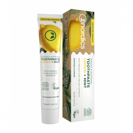 Pasta dinti si apa de gura - Pasta de dinti organica cu fluor, lamaie si menta, pentru albirea dintilor Nordics 75ml