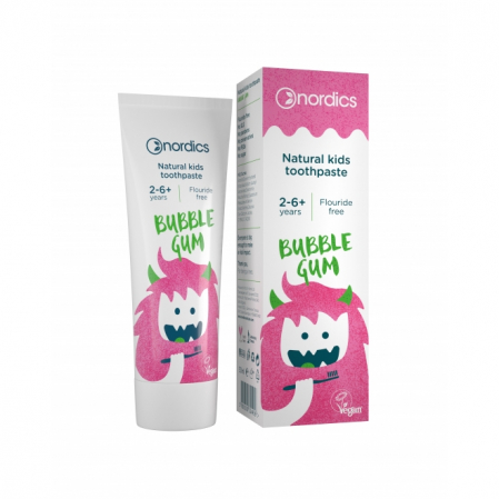 Pasta dinti si apa de gura pentru copii - Pasta de dinti, fara fluor, bubble gum pentru copii, Nordics, 50 ml